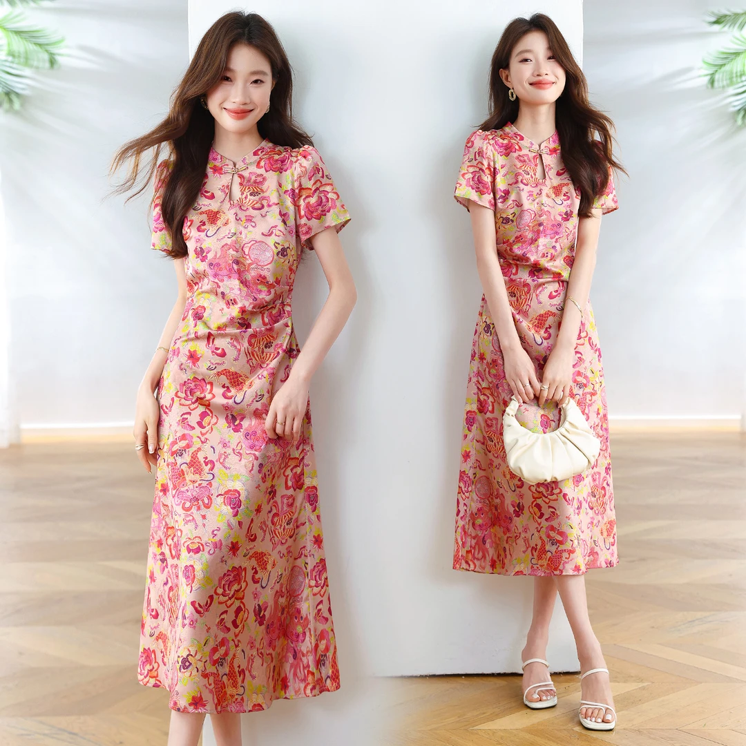 新中式国风提花连衣裙女装2025夏季新款高级感修身显瘦改良旗袍裙