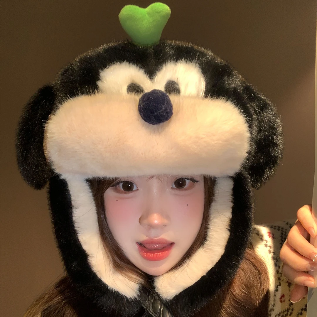 可爱黑色小狗护耳雷锋帽女冬加厚保暖防寒显脸小加绒学生毛绒帽子