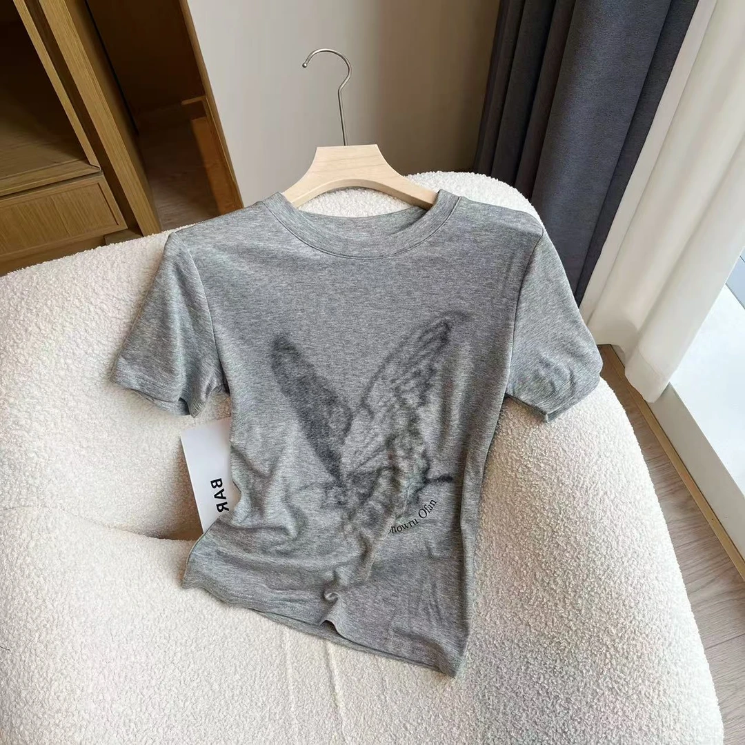 豆子推荐【蝴蝶t】5941夏季复古蝴蝶印花洋气显瘦T恤修身短袖