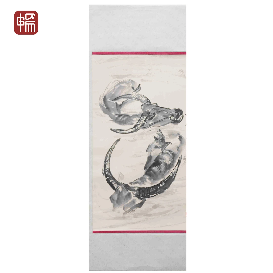 Z158 近现代《水牛图》梁淦堂 44*68(2.69平尺)纸本立轴 YQ