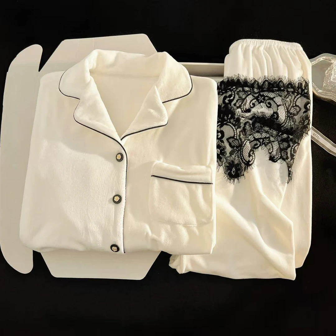 2025新款海岛绒睡衣女秋冬季蕾丝花边高级感两件套可外穿家居服