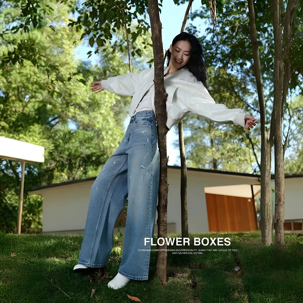 花匣子爆款牛仔裤70058蓝色涂鸦阔腿裤显瘦高腰直筒韩版时尚休闲