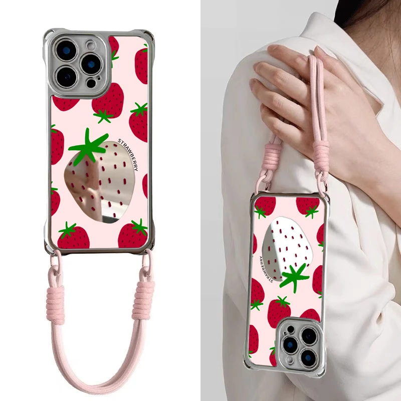 粉色草莓ins风电镀镜面四角挂绳适用苹果16pro华为vivo小米手机壳