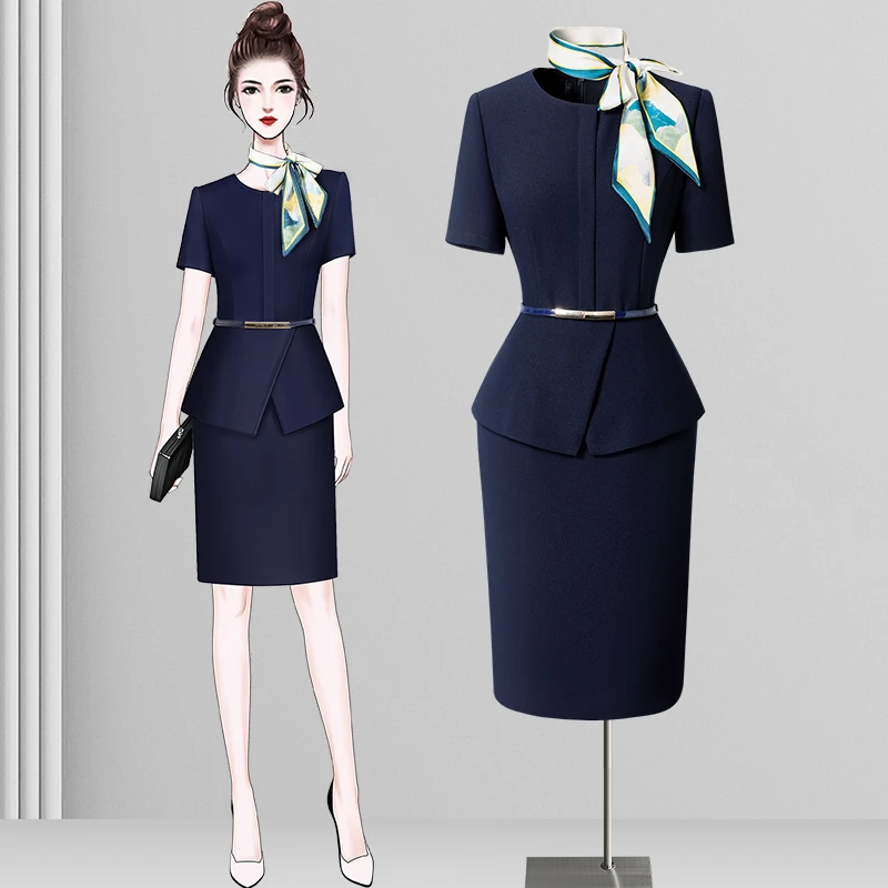 2025年夏季职业连衣裙白色主持人修身女神范套裙空姐