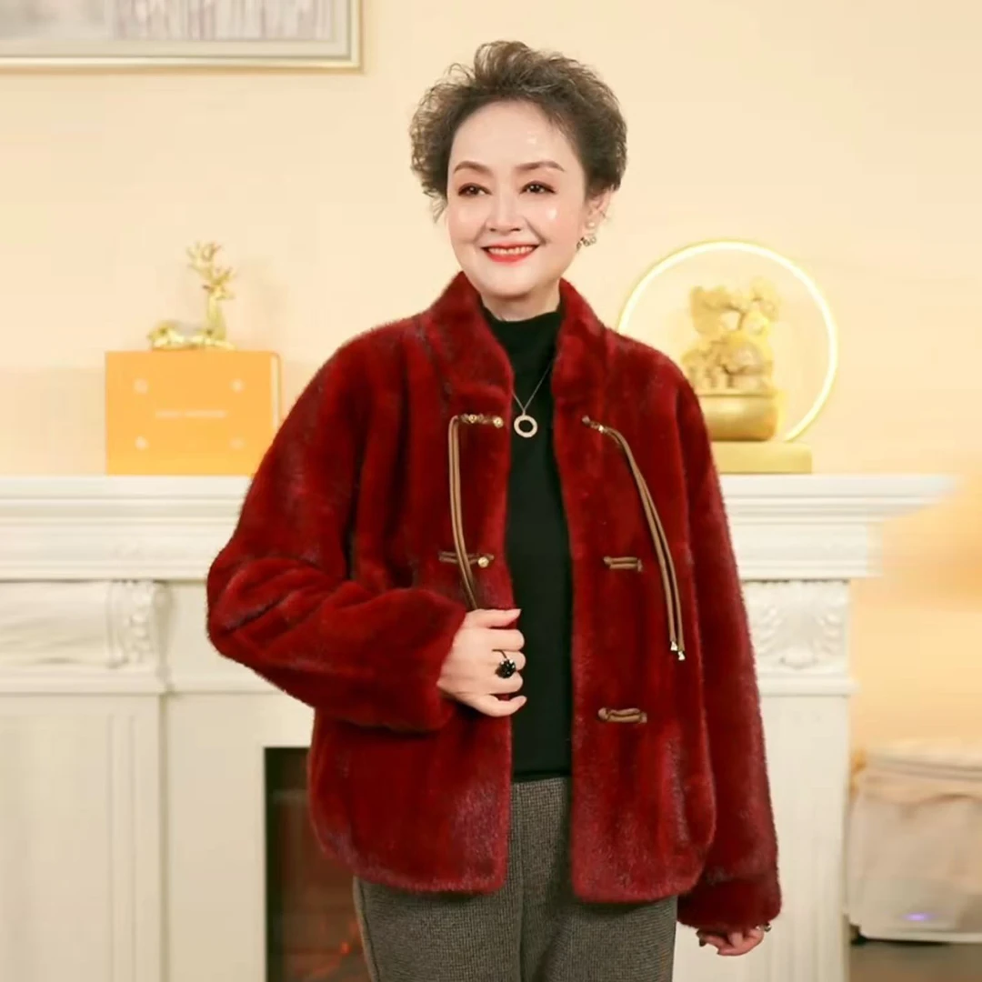 中老年时尚冬季女装上衣妈妈装短款新中式仿水貂绒立领毛呢外套