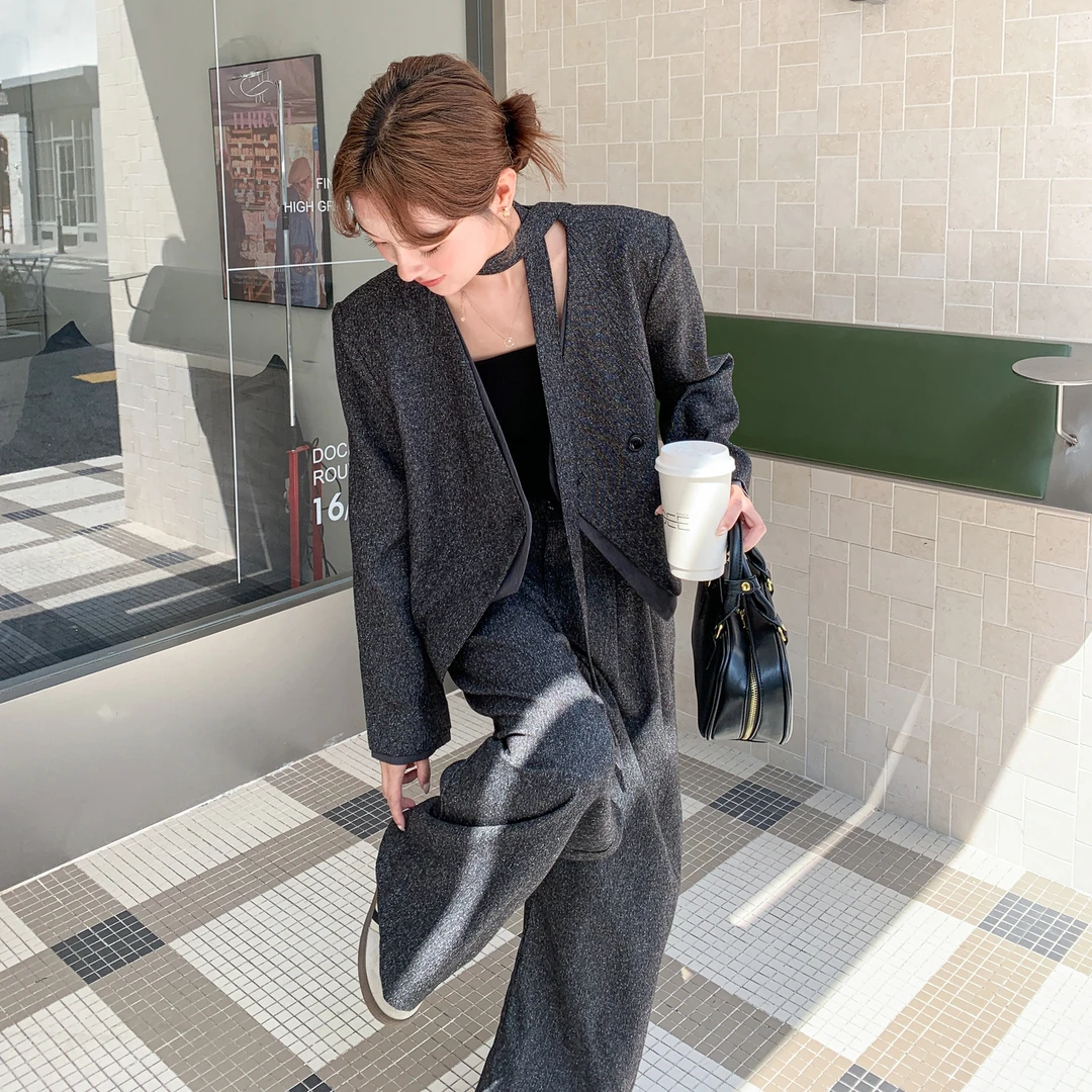 高智感气质通勤轻职风套装裤女2025春秋新款飘带西装阔腿裤两件套