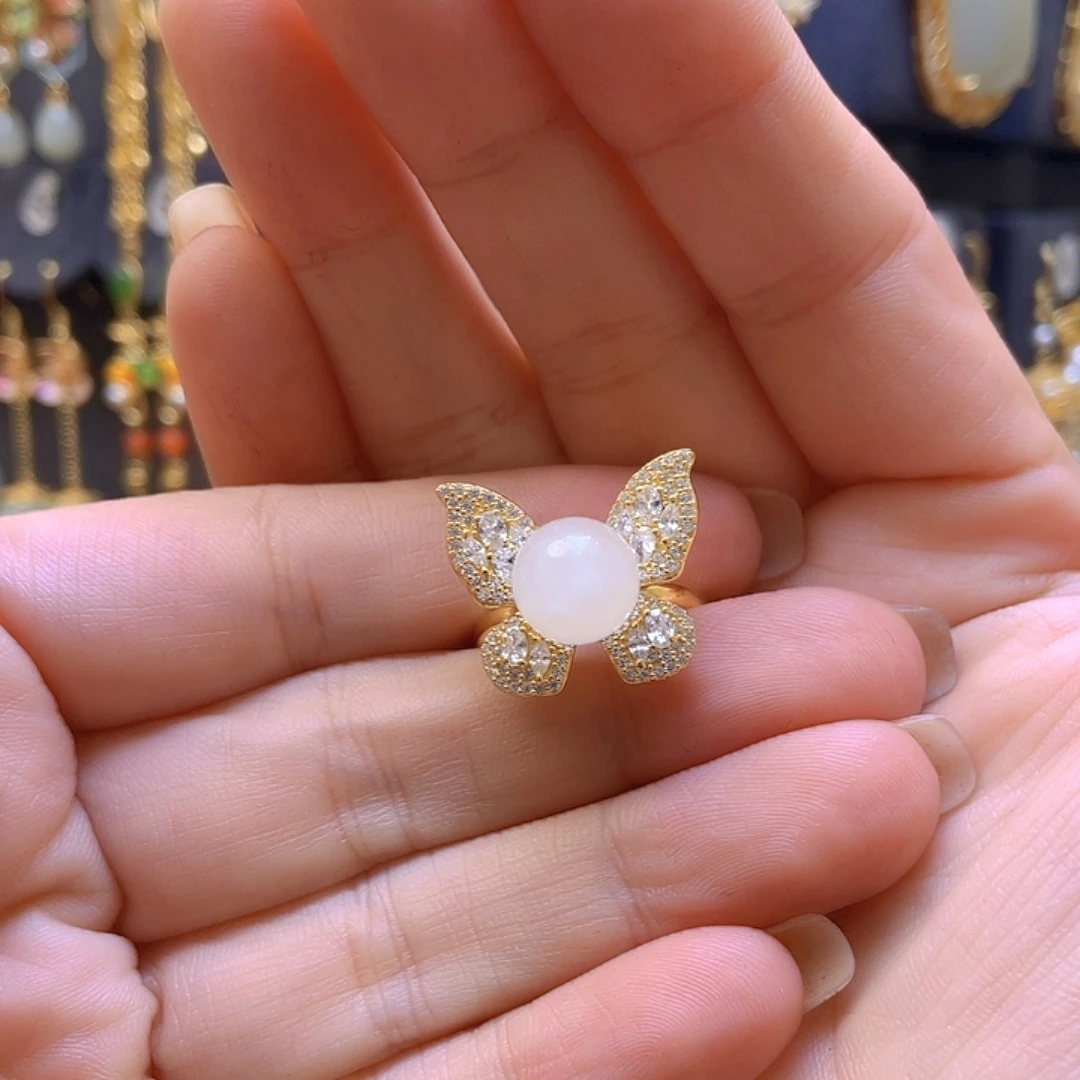 和田玉银S925镀金镶嵌戒指