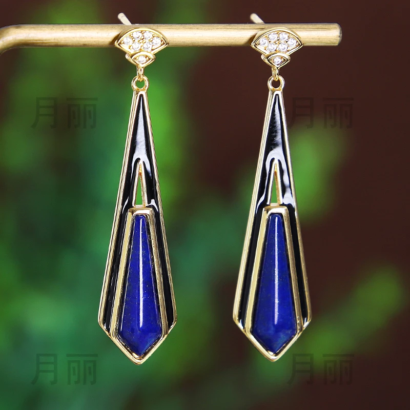 天然正品青金石耳坠女  长款气质高级感玉石耳饰 925银镶嵌防过敏