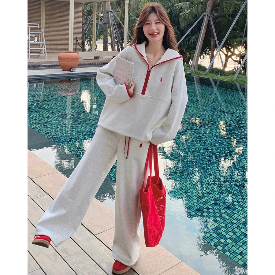 浅灰色洋气减龄卫衣套装女童2025新款超火时尚运动阔腿裤两件套
