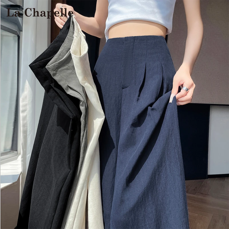 拉夏贝尔冰丝亚麻阔腿裤女2025夏季薄款棉麻藏青色垂感西装山本裤