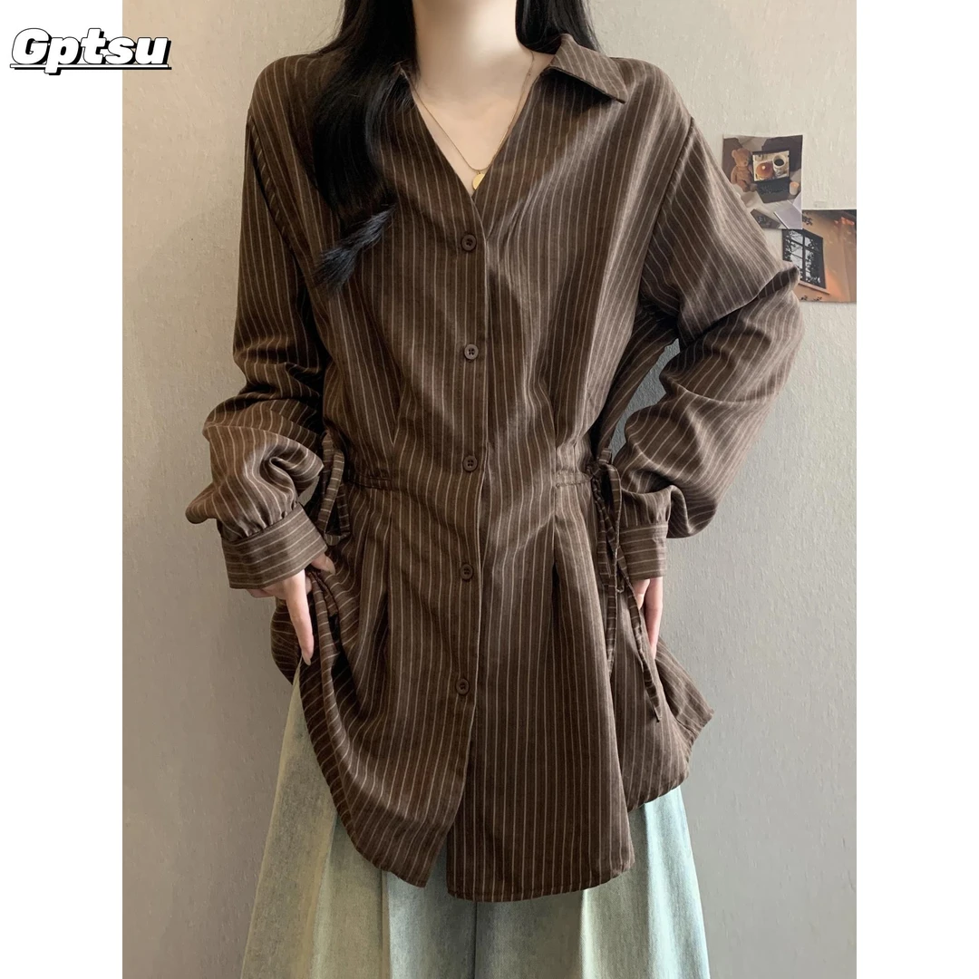GPTSu咖色领条纹长袖打底衬衫女秋季大码胖中长款收腰遮肚上衣潮