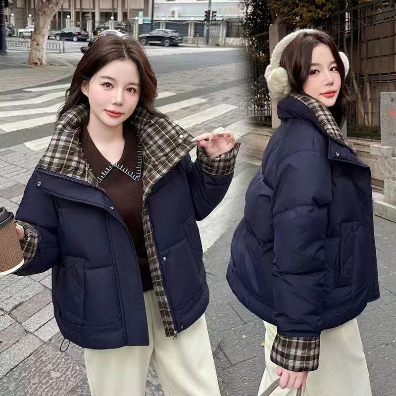 【娜姐家】K9#冬季韩版拼接方格立领休闲棉服