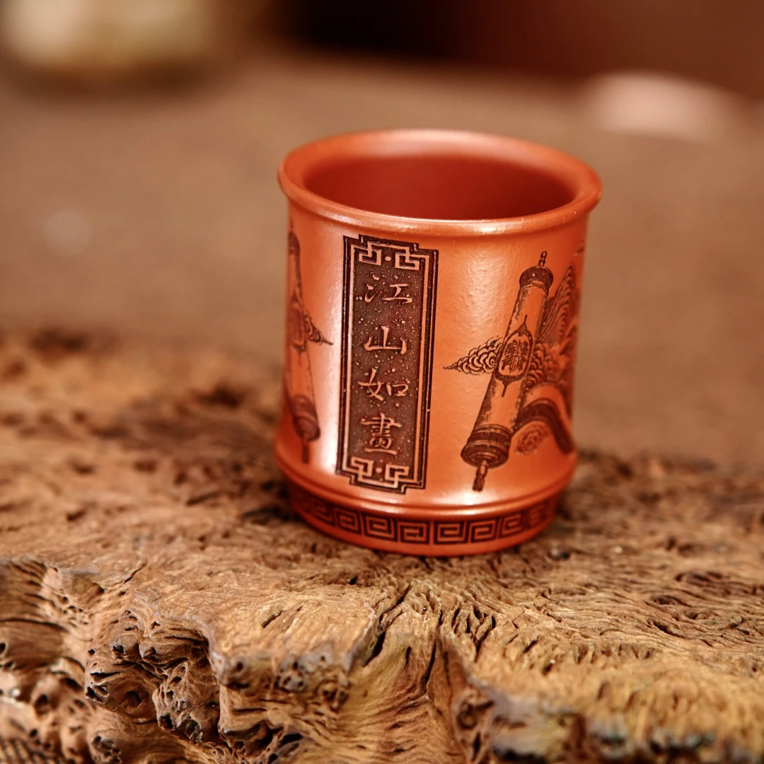 宜兴原矿紫砂 茶具 全手工制作 大红袍江山如画刻绘