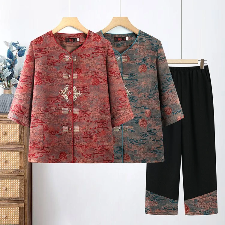 中老年薄款衬衫夏装七分袖妈妈装套装刺绣祥云开衫奶奶装两件套