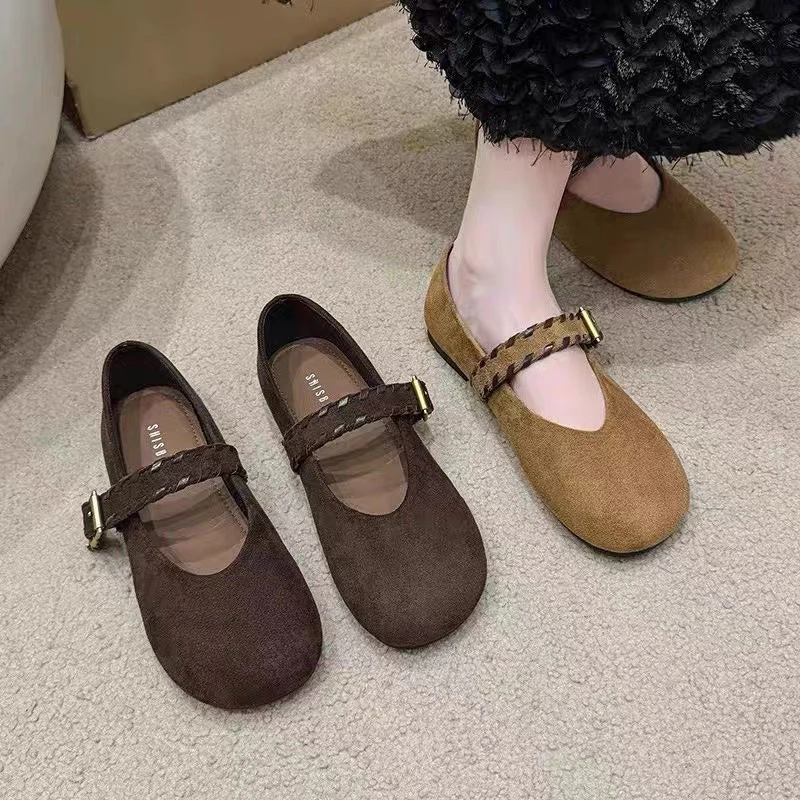 复古磨砂玛丽珍鞋女2025秋季新款一字扣带浅口圆头时尚休闲奶奶鞋