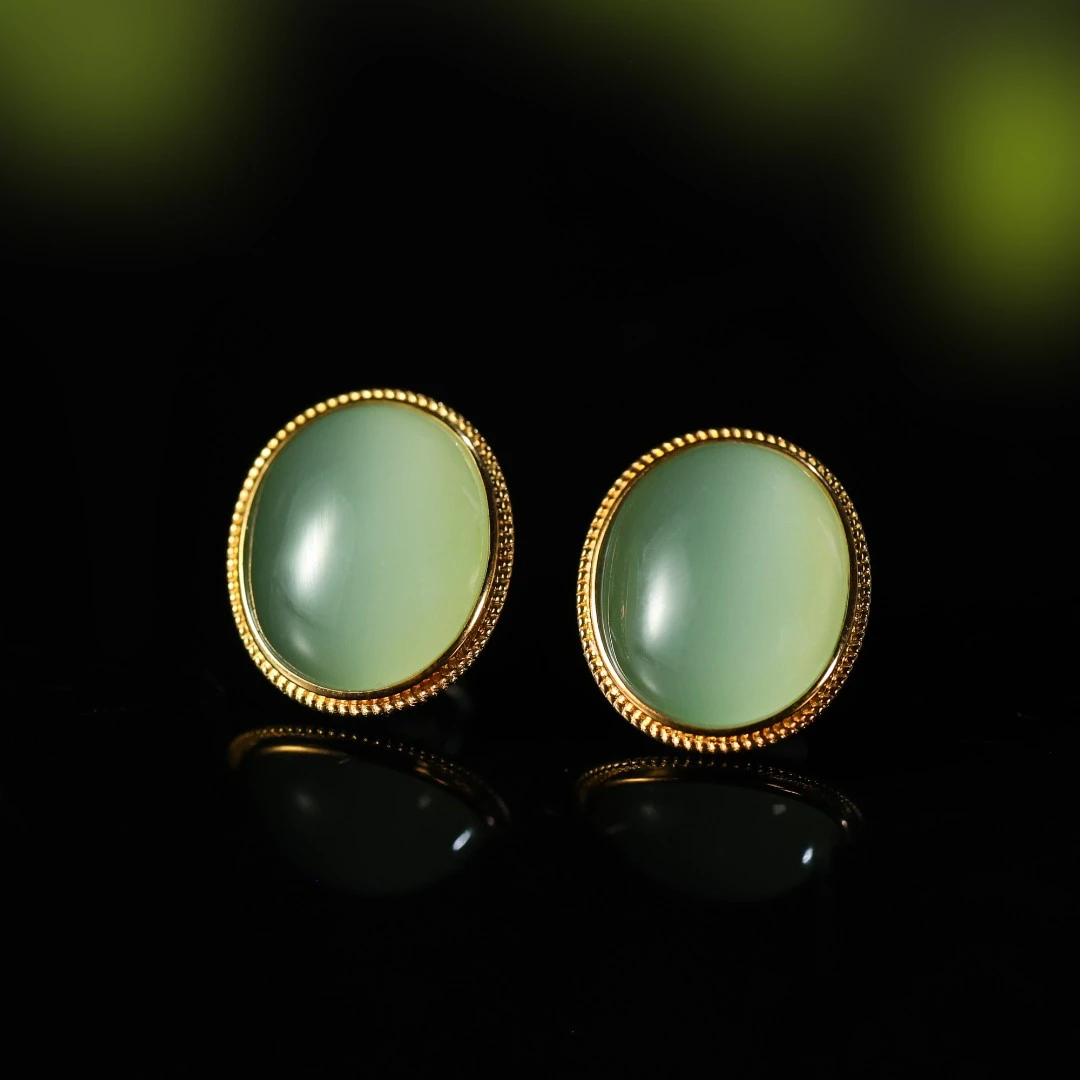 超赞手工花丝/18K金和田玉碧玉耳饰