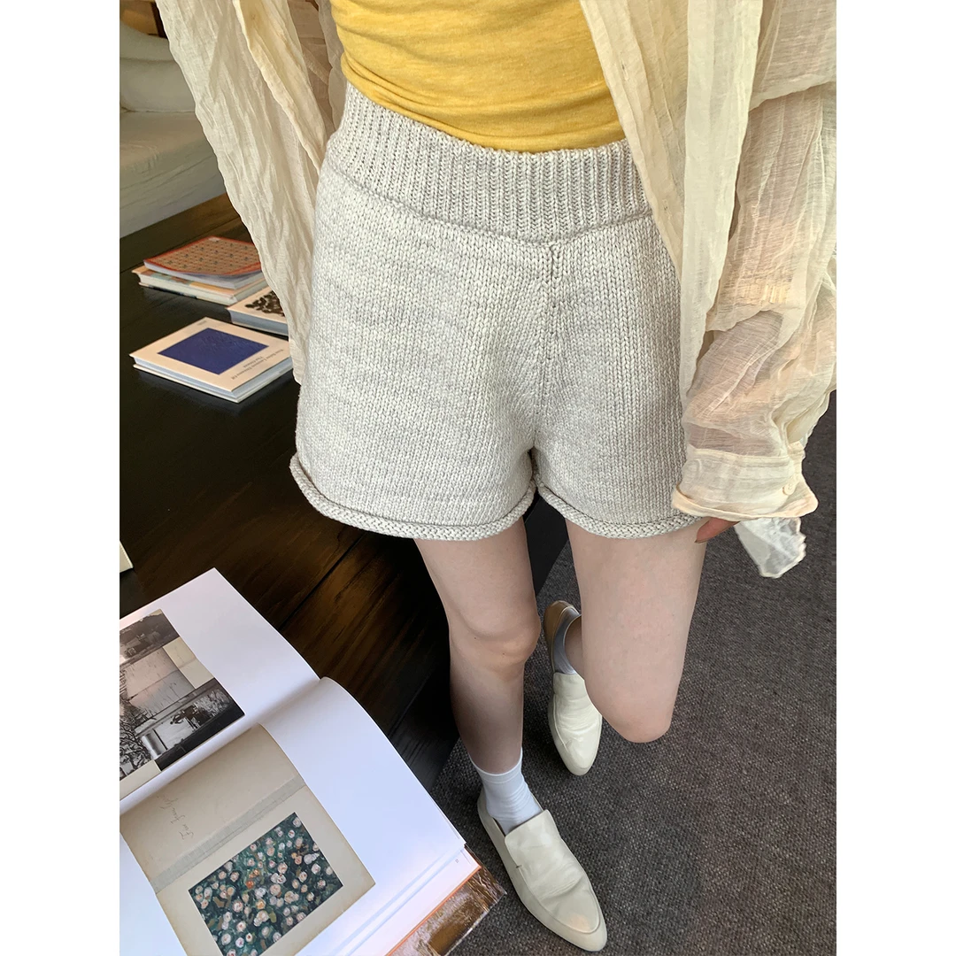 区区欧阳 卷边针织短裤女夏季新款辣妹a字休闲裤松紧高腰显瘦裤子