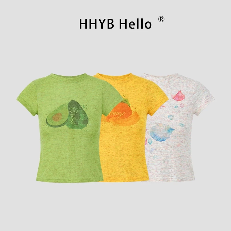 HHYB Hello绝美T恤彩色印花上衣女2025夏新款百搭显瘦多巴胺上衣