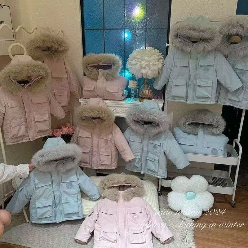 儿童棉衣冬季新款小男孩毛领加绒加厚棉服女孩加棉保暖工装派克服