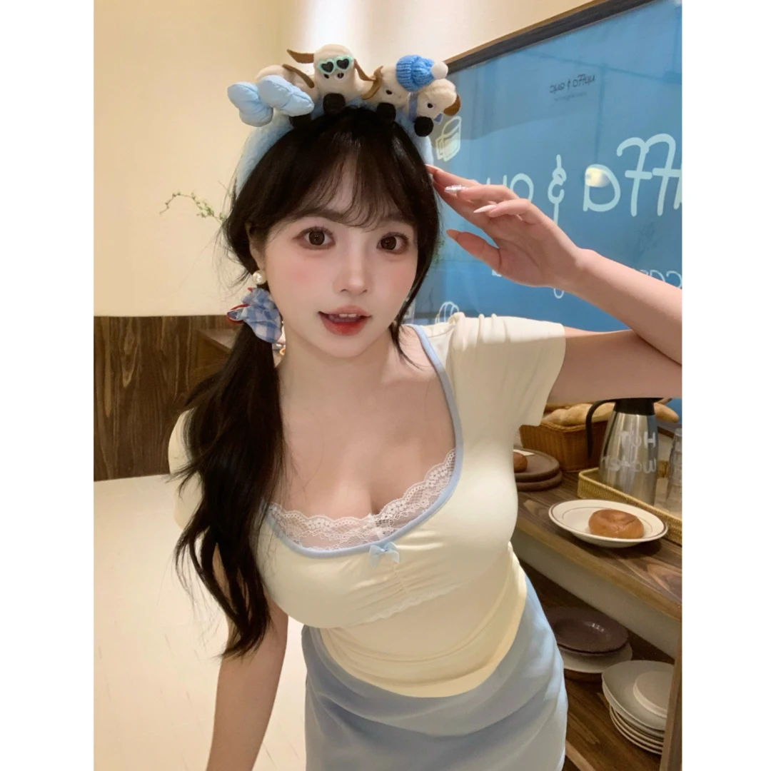 MengFairy现货【理想夏日】撞色拼接短袖显瘦收腰针织上衣 5194