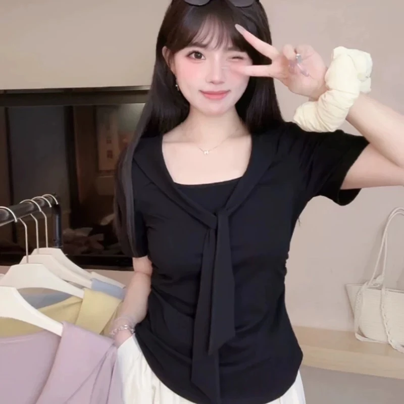 大码胖mm纯欲风露锁骨方圆领短袖女夏季新款设计感披肩掐腰上衣