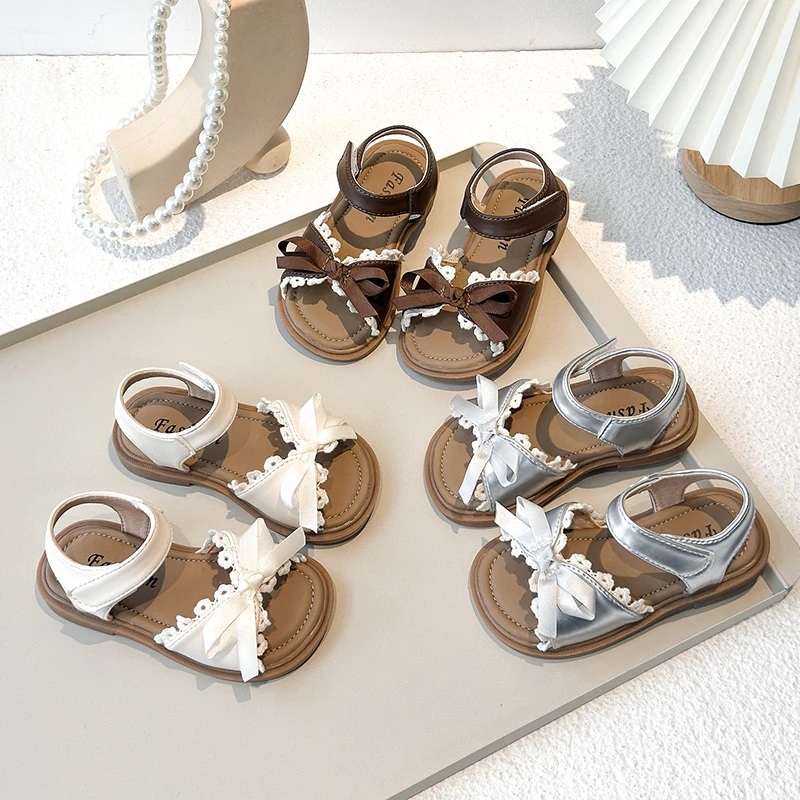 ABC女童凉鞋2025春夏季新款女孩蝴蝶结蕾丝花边平底儿童公主凉鞋