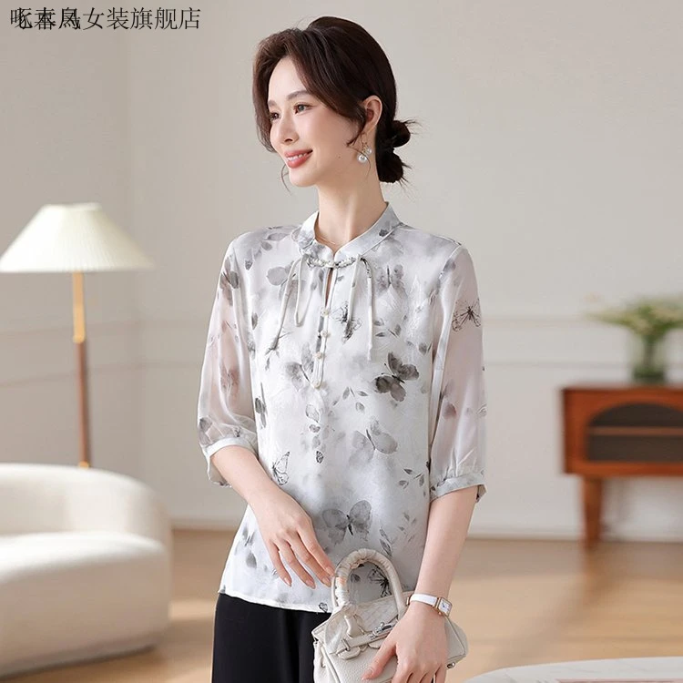 轻薄透气国风简约小衫为日常亮色妈妈装宽松中年秋装衬衫中袖