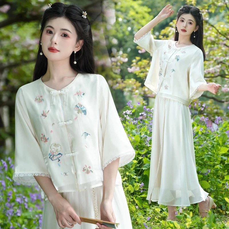 510捌实拍新中式国风夏季轻纱刺绣圆领复古文艺茶服上衣套装
