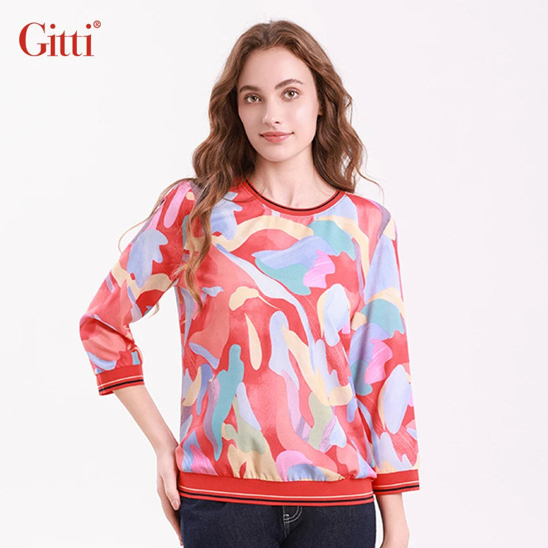 Gitti/吉蒂印花圆领七分袖T恤女罗纹拼接宽松大码中袖上衣G255164