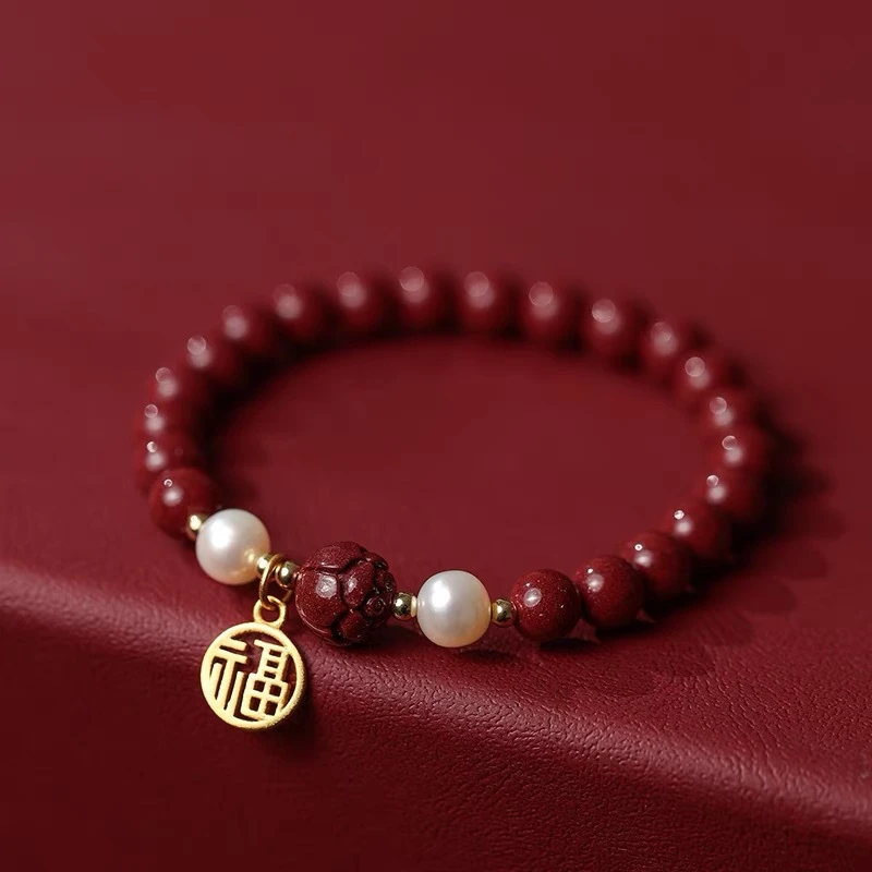 原矿高含量朱砂珍珠手链女上岸莲花本命年手串