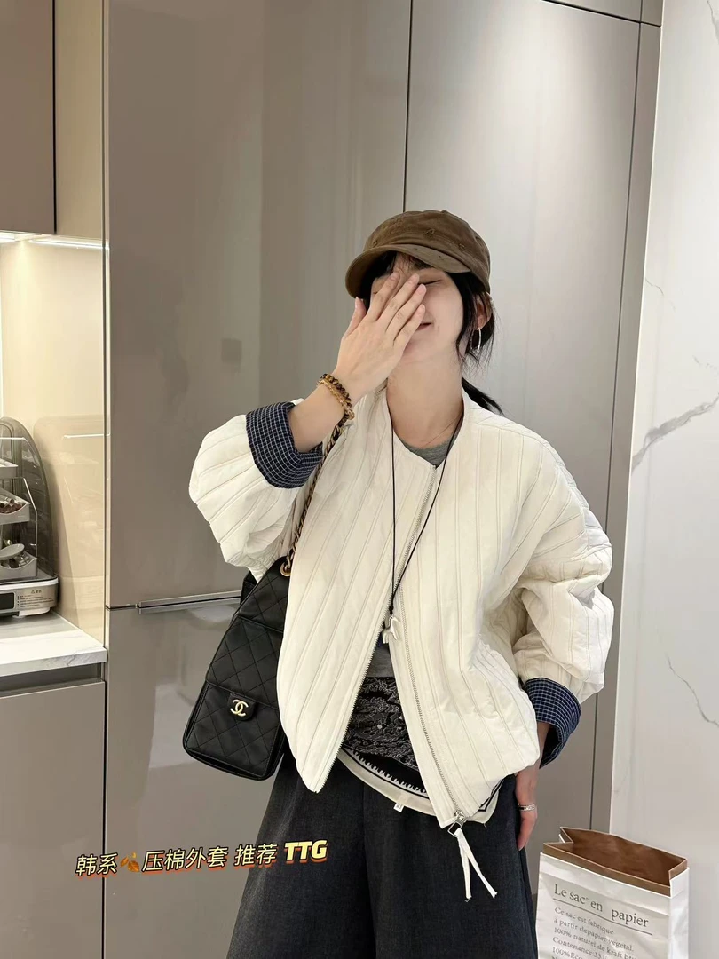 2025圆领格子拼接绗线棉服外套早冬季新款时尚百搭休闲女士