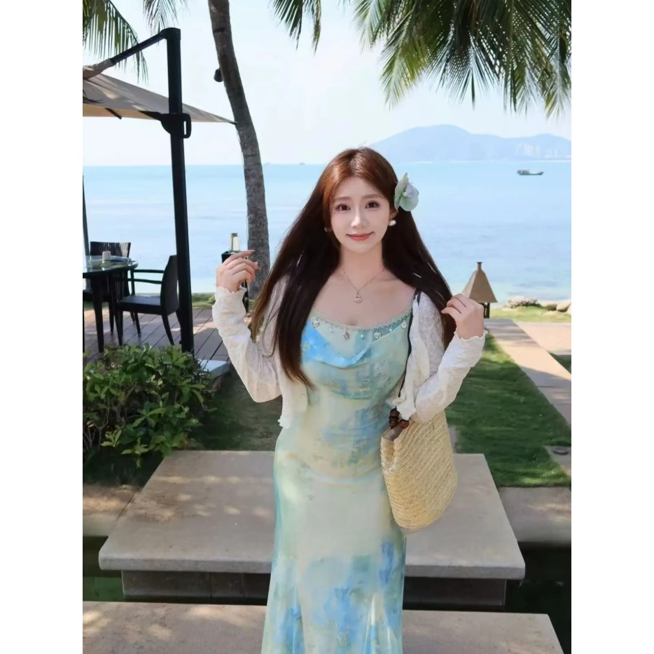 大码女装法式小众高级感薄荷绿鱼尾吊带连衣裙女夏季度假风长裙女