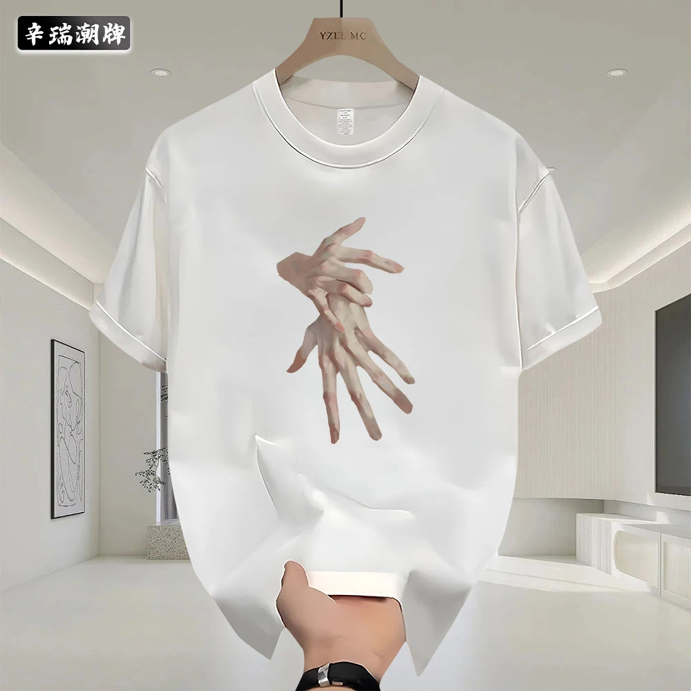 夏季小众简约百搭个性双手印花男女宽松圆领纯棉短袖设计感上衣