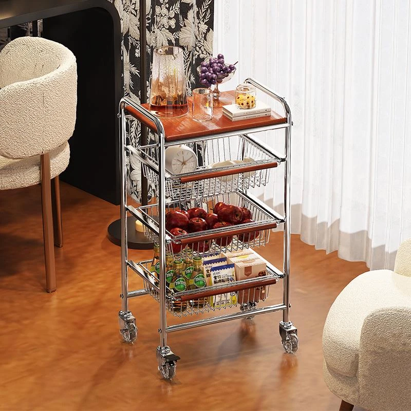 304不锈钢零食小推车置物架客厅落地多层移动收纳架子中古风茶几