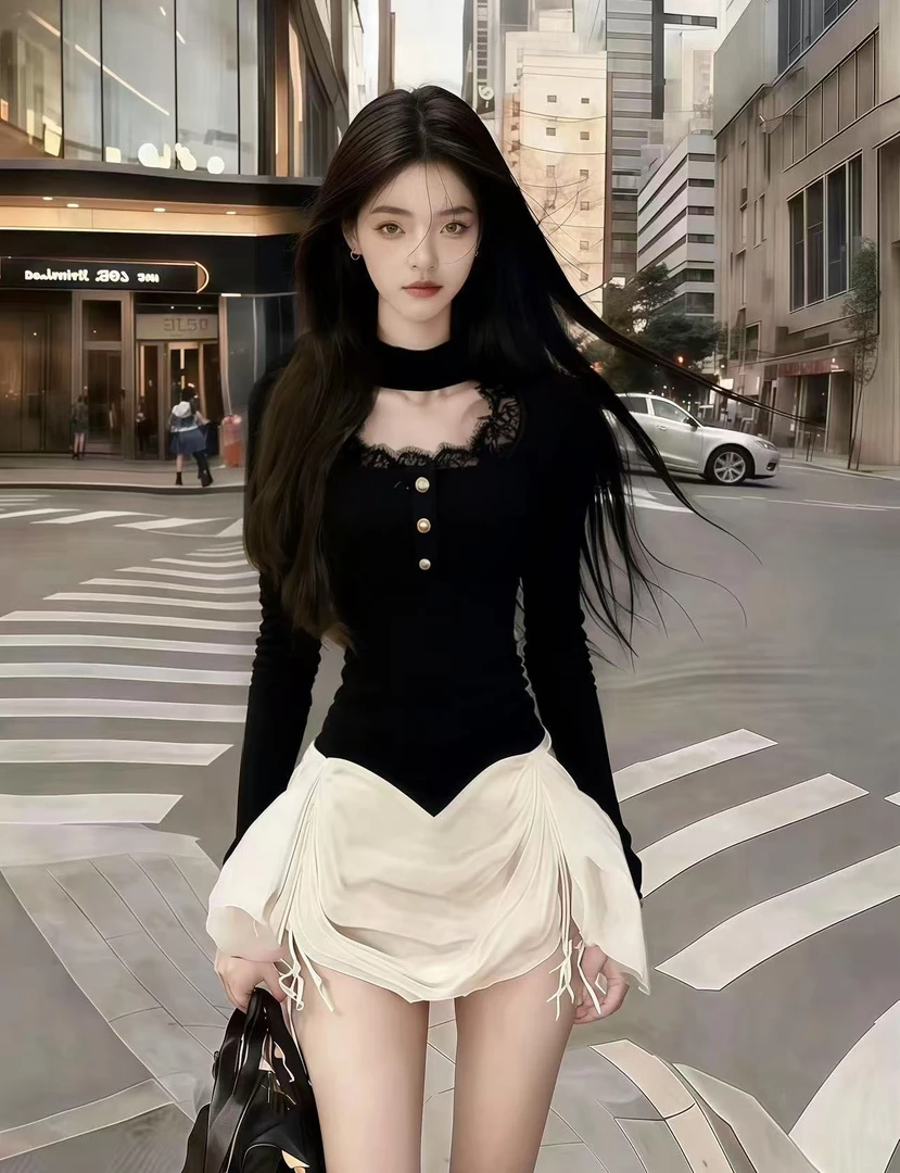 小众时尚氛围感气质纯欲风黑色圆领蕾丝花边长袖设计感修身连衣裙