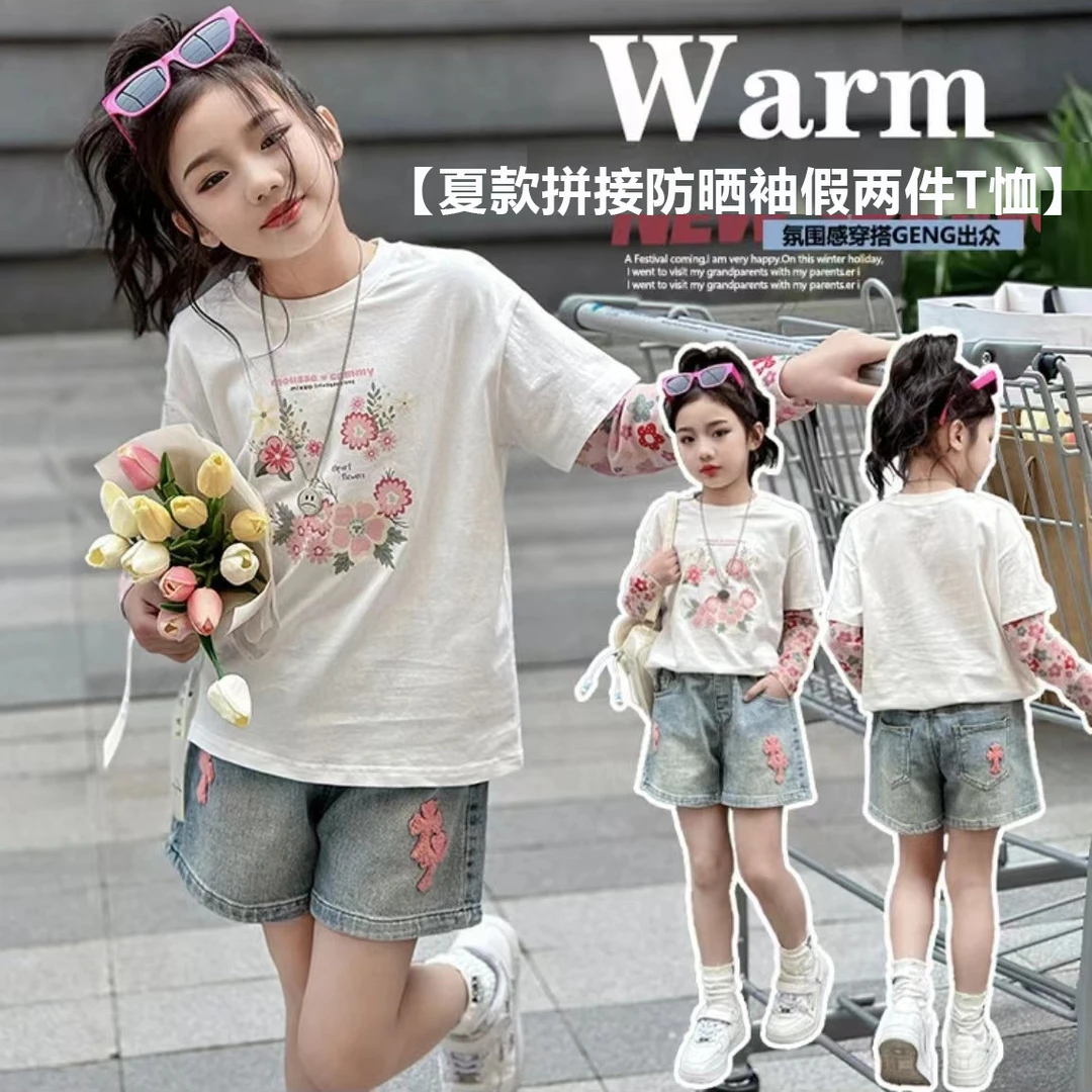 女童防晒袖假两件T恤夏季拼接儿童洋气女宝宝短袖韩版花朵上衣