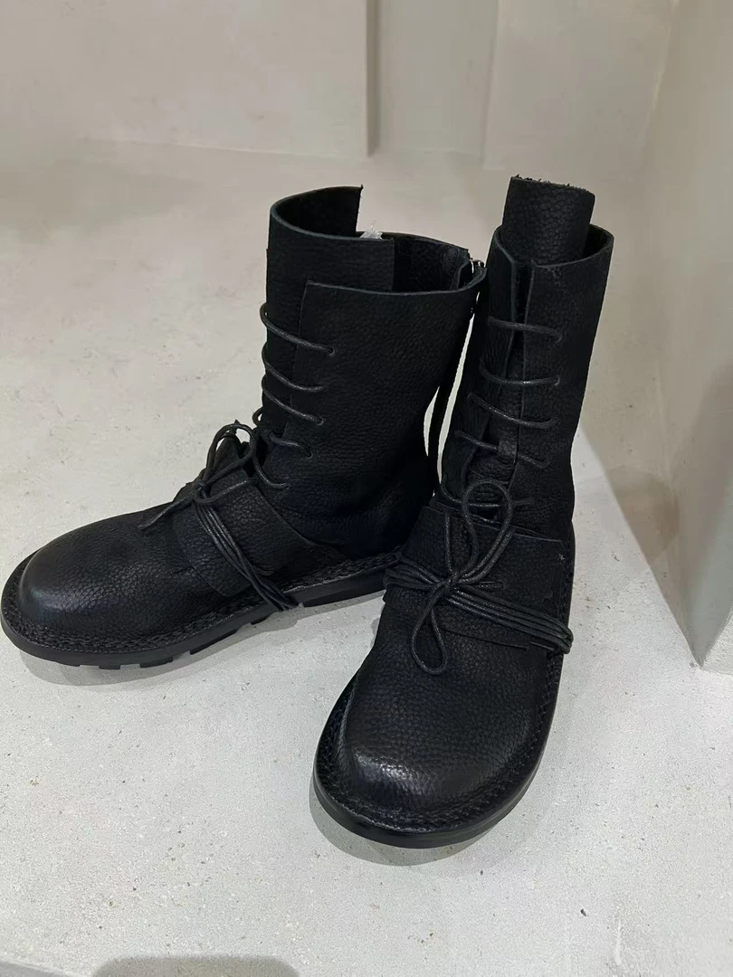 Li Wang/里望设计师款  意大利牛皮油蜡磨砂黑 系带马丁靴（跟4