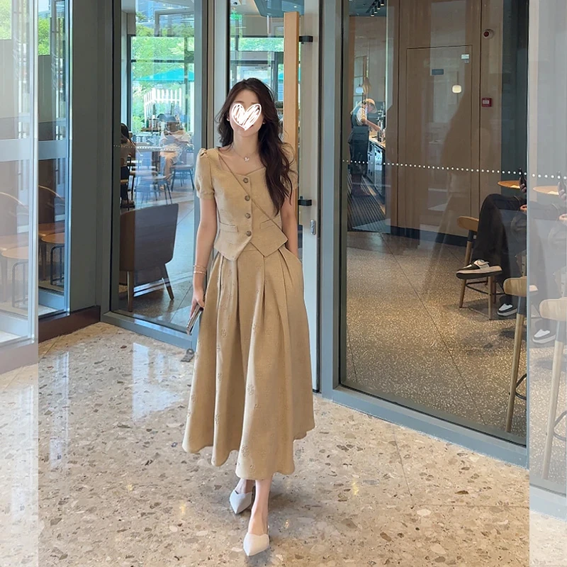 财阀千金女装夏季高级感气质收腰卡其千金套装上衣+高腰半裙套装