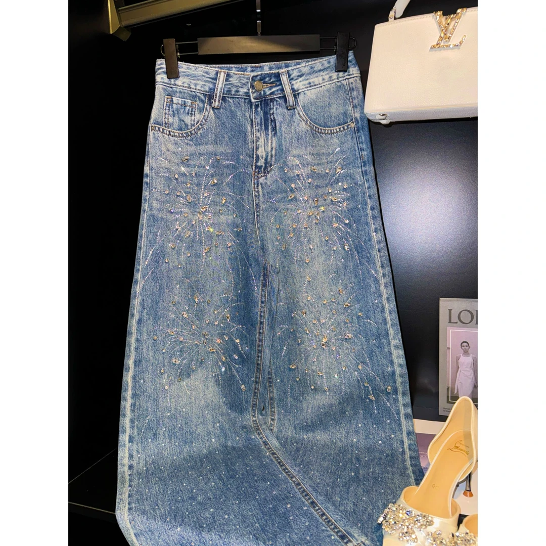 岳岳｜2025早春新款重工镶钻轻奢气质牛仔长裤100760