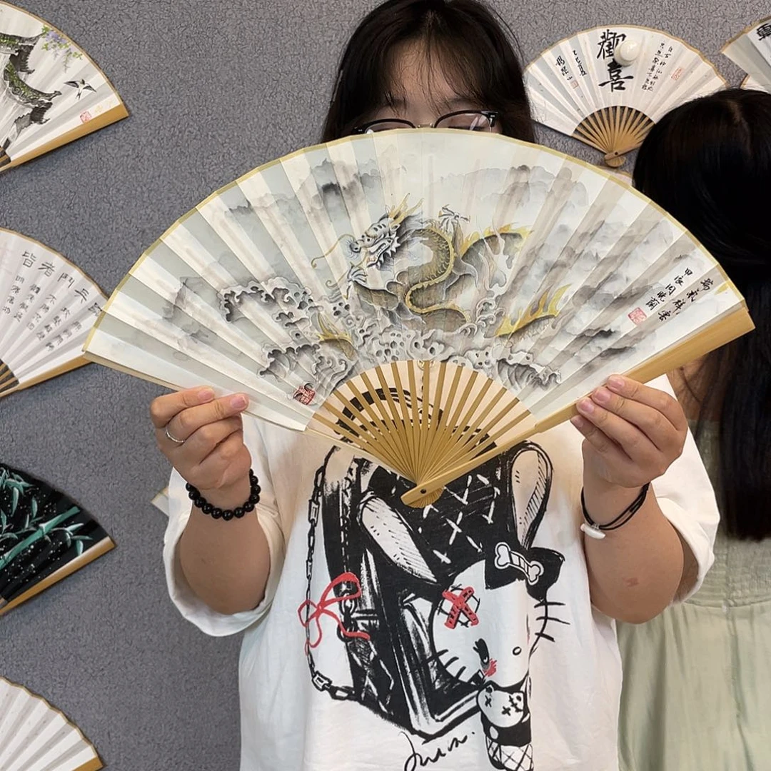 书法95寸玉竹-纯手绘-文玩扇骨（默认粘好）