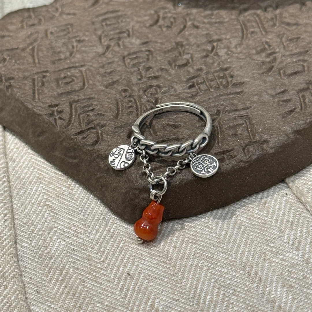 J12893<非晚>足银999红翡翠葫芦吉言扎基圆片戒指可调节深浅不一