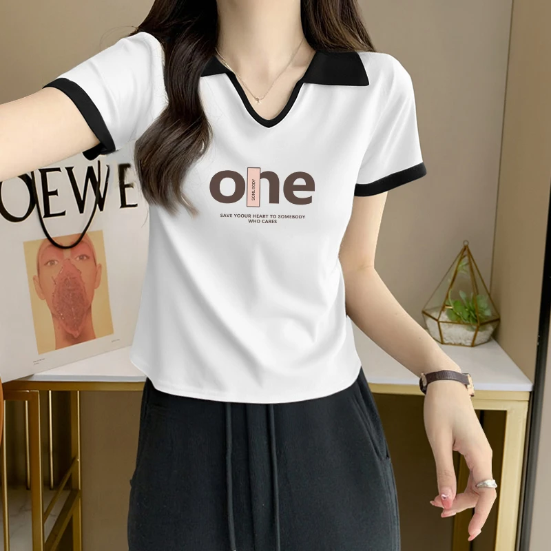 纯欲风辣妹修身显瘦短袖T恤女士夏季设计感撞色翻领印花套头上衣