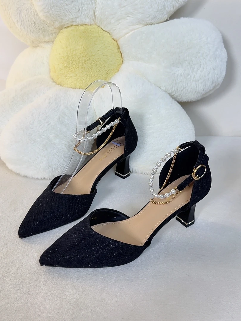 法式气质高跟鞋单鞋中跟搭裙子新款细跟一字带凉鞋高跟鞋1238-1