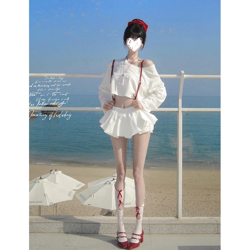 甜辣chic穿搭套装韩系氛围感白色斜肩长袖上衣蓬蓬花苞裙裤两件套