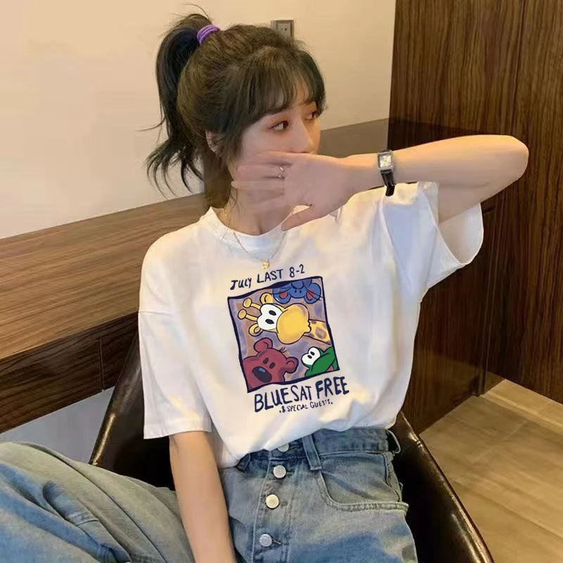 白色女款女上衣打底宽松版夏季个性街头短袖女浙江微胖正肩t恤