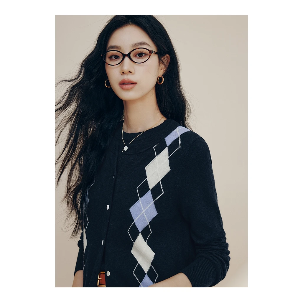 【达人专享】法曼萱菱格羊毛开衫女2025年春季新款学院风针织衫