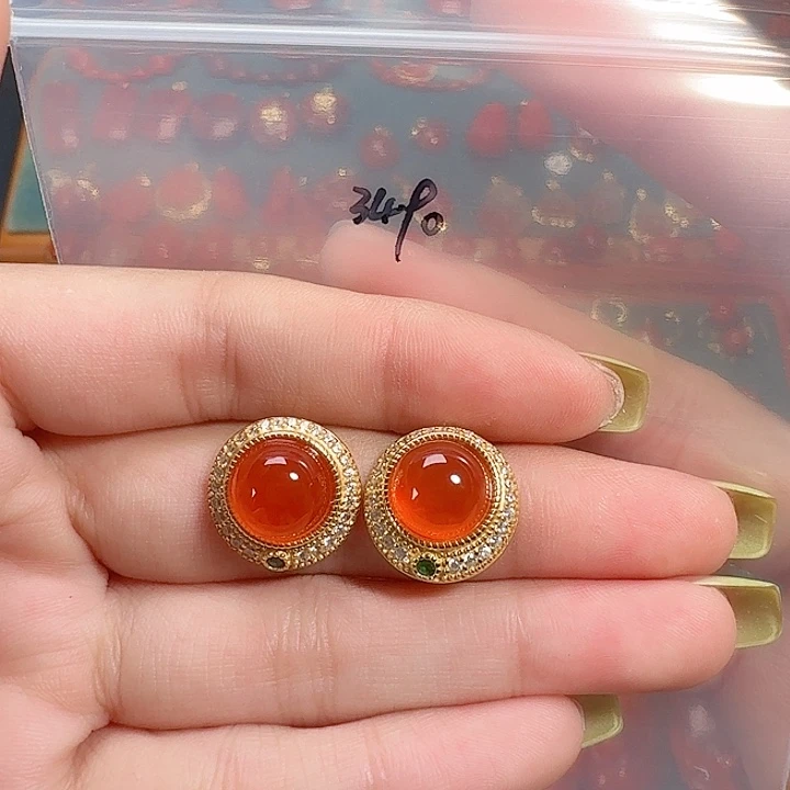 南红玛瑙银S925镶嵌耳饰