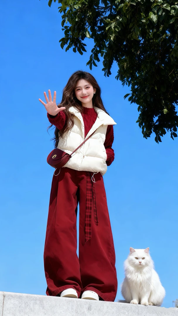 圣诞氛围感红色套装女2025秋冬新款夹棉马甲高领毛衣休闲裤三件套