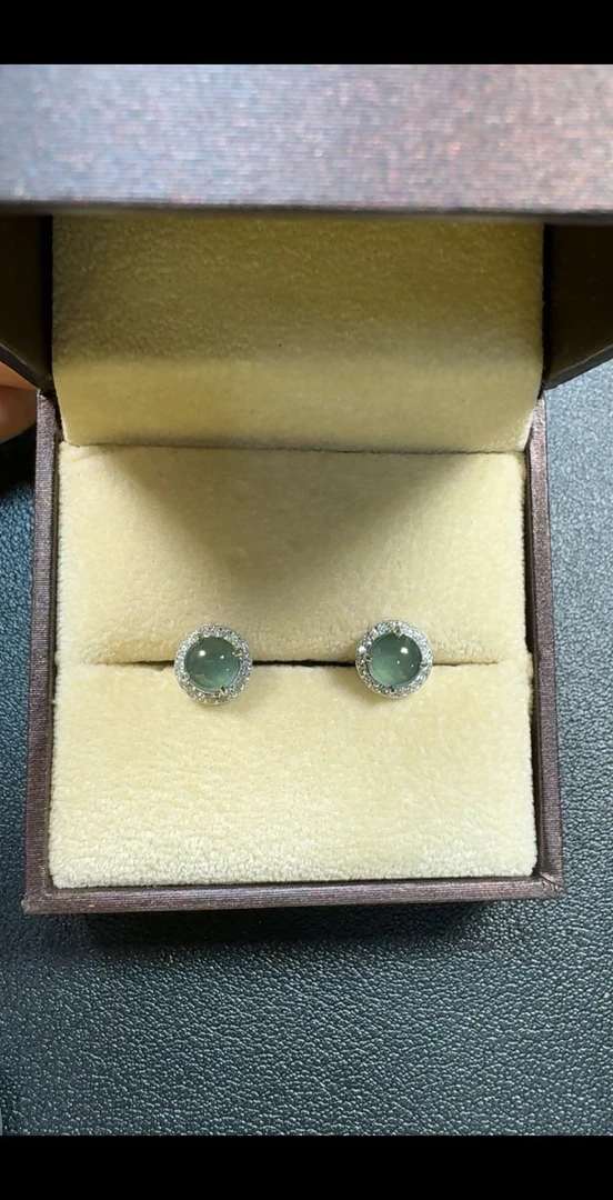 聚米珠宝翡翠耳钉蓝色灰月光精美时尚女士经典高冰银镀