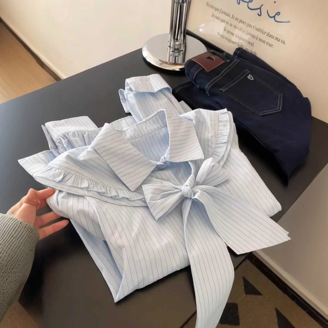 简约气质文艺复古少女风～韩里韩气蝴蝶结条纹衬衫女春季小众上衣